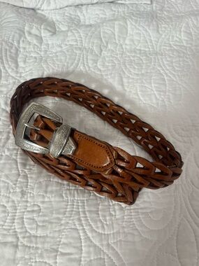 Brighton Braided Leather Belt in Cognac Brown with Engraved Silver Buckle